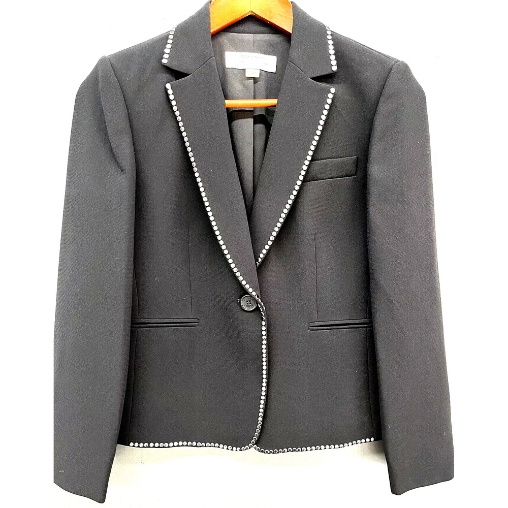 Tahari Blazer Jacket 4P Black Silver Stud Trim Stretch Dark Glam Cocktail Chic